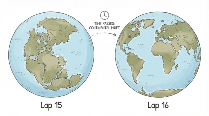 Side-by-side comparison of Earth at Lap 15 showing Pangaea versus Lap 16 showing today's continents