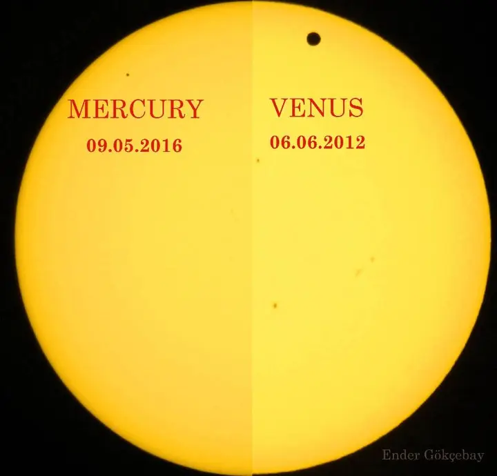 A comparison of the sizes of the planets Venus versus Mercury as they transit the Sun. Venus is a lot bigger, plus it is a lot closer to the Earth.
