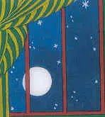 Image of the Full Moon as seen through the window of the Great Green Room of the book Goodnight Moon