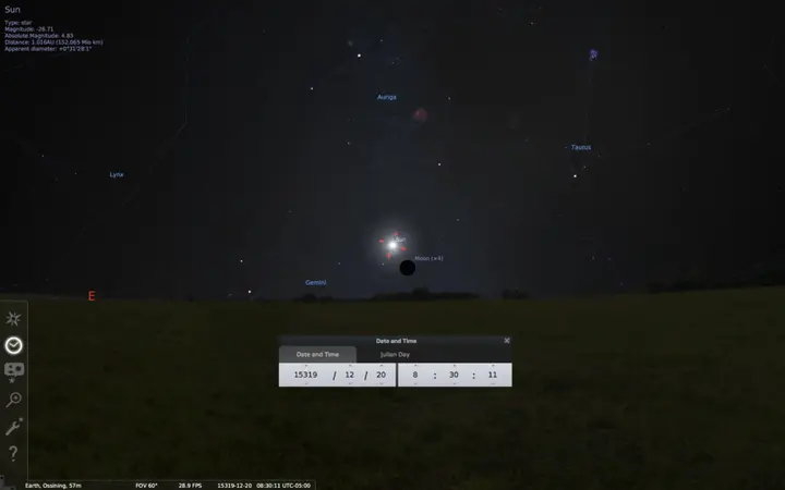 Stellarium screenshot showing the Sun and the Galaxy center rising together in the year 15,000
