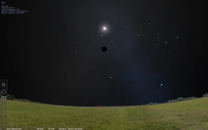 Stellarium showing the Sun locked into the viewport