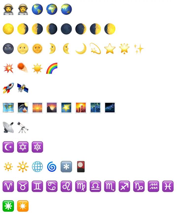 All of the astronomy and space themed emojis in one image