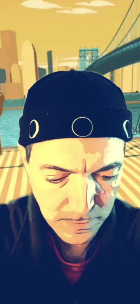 The Moon Hat style the Tidal Shore No Tag - the hat starts inside out and the brim is folded up to reveal the images. This is another standard style for wearing the Moon hat. The New Moon image is oriented to the front and you can face the Sun and find the Moon using the Moon Hat New Moon phase image.