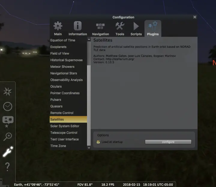 Stellarium configuration panels showing the satellites plugin which is needed to track the Humanity Star (it is a satellite after all)