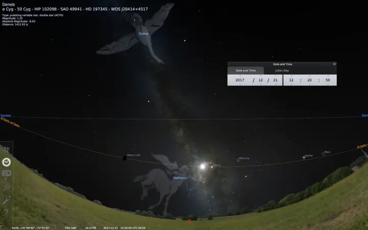 Stellarium screenshot showing the Galaxy Center and the Sun lined up at the Winter Solstice