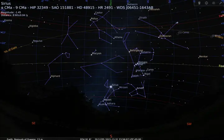 Sirius at midnight meridian on January 1st