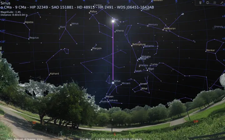 Sun and Sirius crossing the meridian together in July