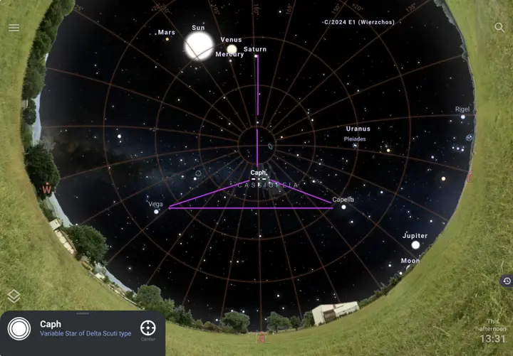 Vega and Capella low on the horizon with Caph in Cassiopeia forming a sight line toward the spring equinox point