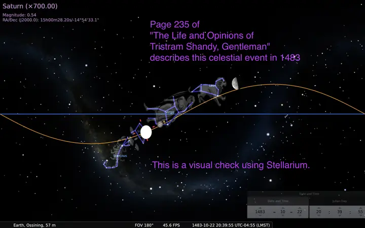 Stellarium screenshot showing the night sky on October 22, 1483, the birthdate of Martin Luther as described in Tristram Shandy