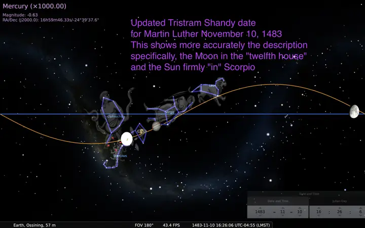 Stellarium screenshot showing the night sky on November 10, 1483, Martin Luther's official birthday