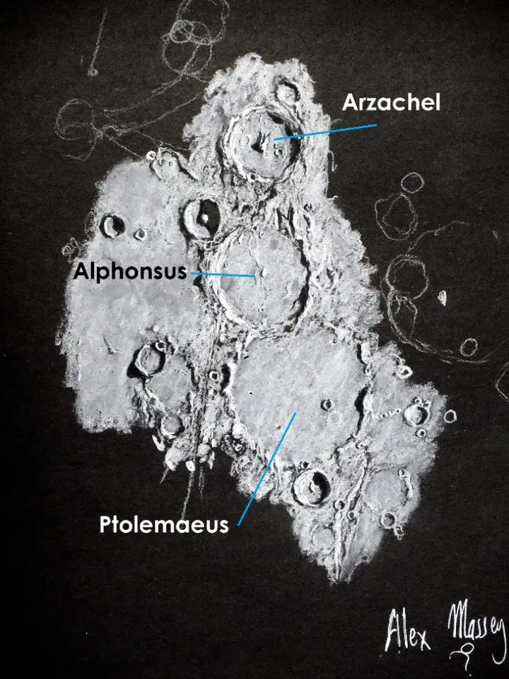 Astrosketch of Moon craters Ptolemaeus, Alphonsus, and Arzachel by Alex Massey
