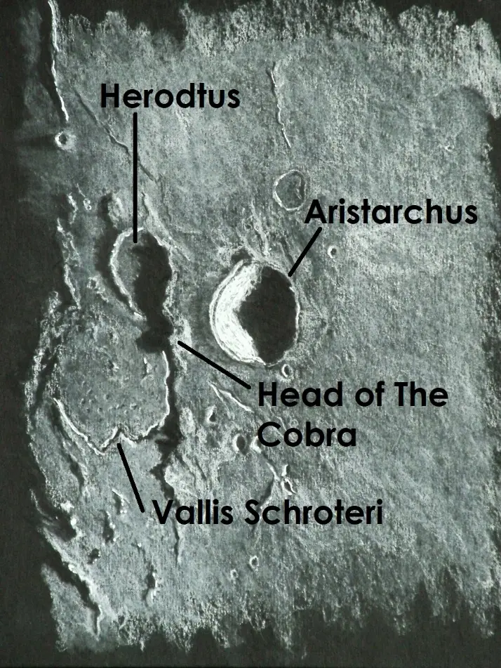 Astrosketch of Moon features Herodotus, Aristarchus, Head of the Cobra, and Vallis Schroteri by Alex Massey