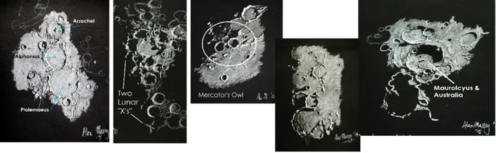 Astrosketches of Moon features including Lunar X, Mercator's Owl, and Maurolycus with a shadow shaped like Australia by Alex Massey