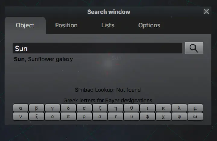 Stellarium find function showing the searching for the Sun