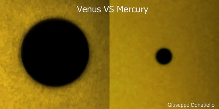 Venus transit, Mercury transit. These two inner planets sometimes cross the face of the Sun. Here we see the size comparison of the planetary disk.