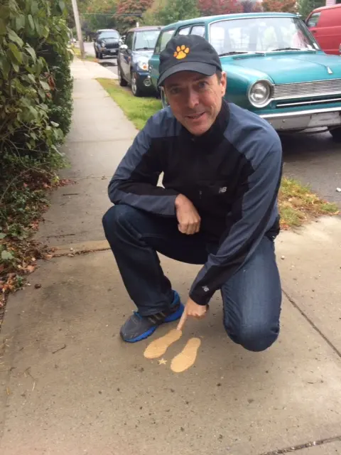 Star spot foot print stencil sidewalk oriented towards chimney on house. The world's simplest observatory from Star In A Star.