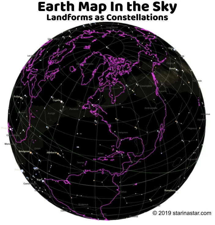 Earth map projected onto the starry sky showing New York landforms as constellations without labels