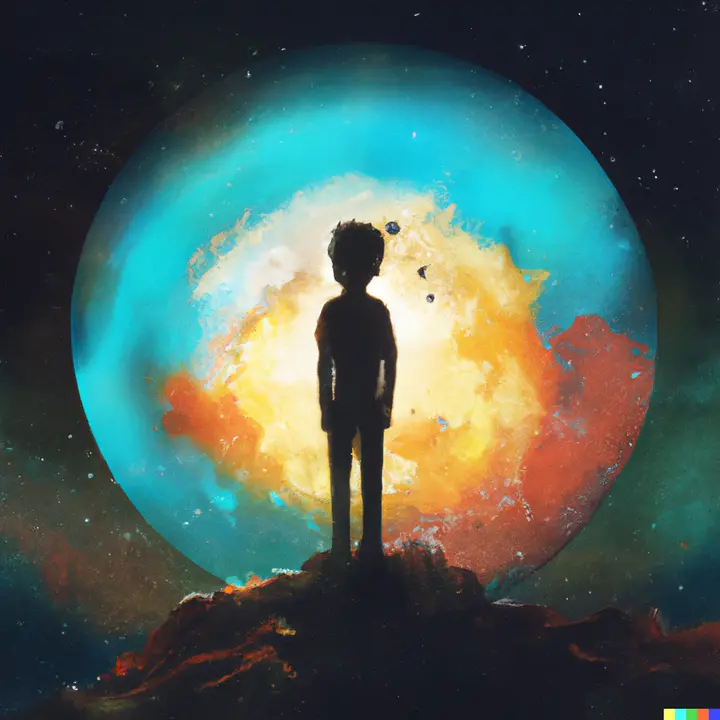 DALL-E generated digital art of a child in a sunset forest looking through a glass-covered hole in the earth filled with stars