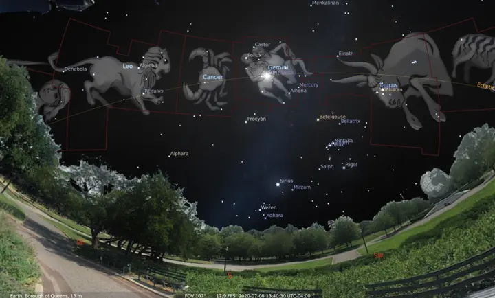 Stellarium screenshot showing the southern daytime sky from Flushing Meadows, Queens, NY with zodiac constellation art, boundaries, and the ecliptic on July 8, 2020