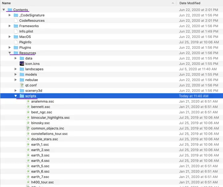 Screenshot showing how the directory path to Stellarium Scripts in MacOSX