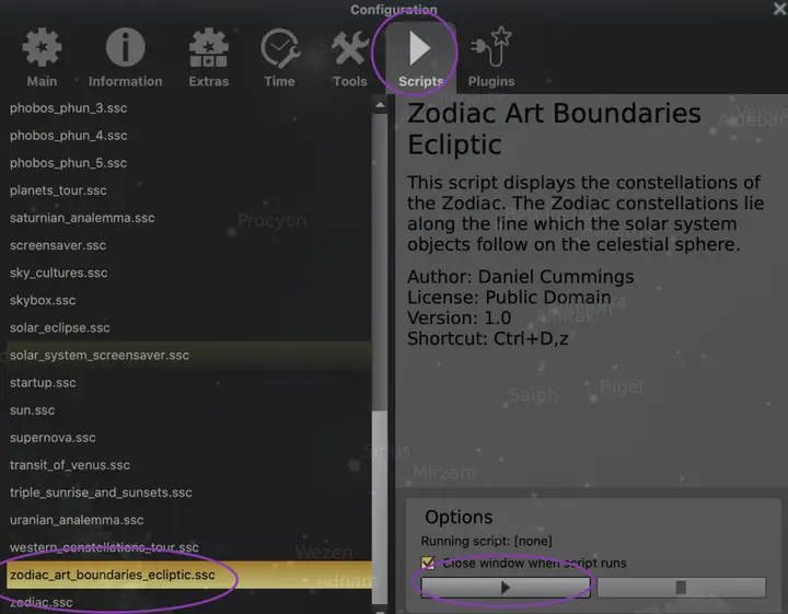 Screenshot of Stellarium script configuration window.