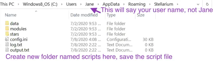 Windows file explorer showing the Stellarium user scripts folder location