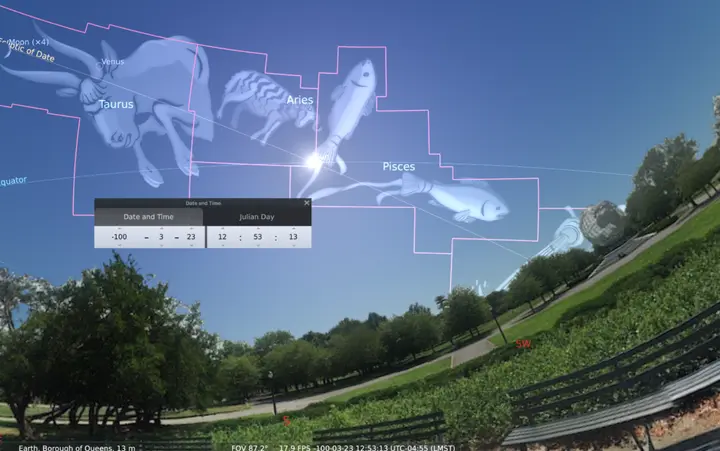 Stellarium screenshot showing the ecliptic intersecting the celestial equator in the constellation Aries in March 100 BCE