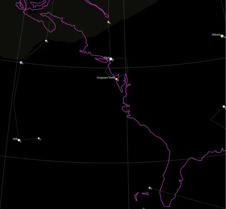 Close-up Earth map showing zenith stars Algol over New York City and Gorgonea Tertia approaching Washington DC along the Eastern Seaboard
