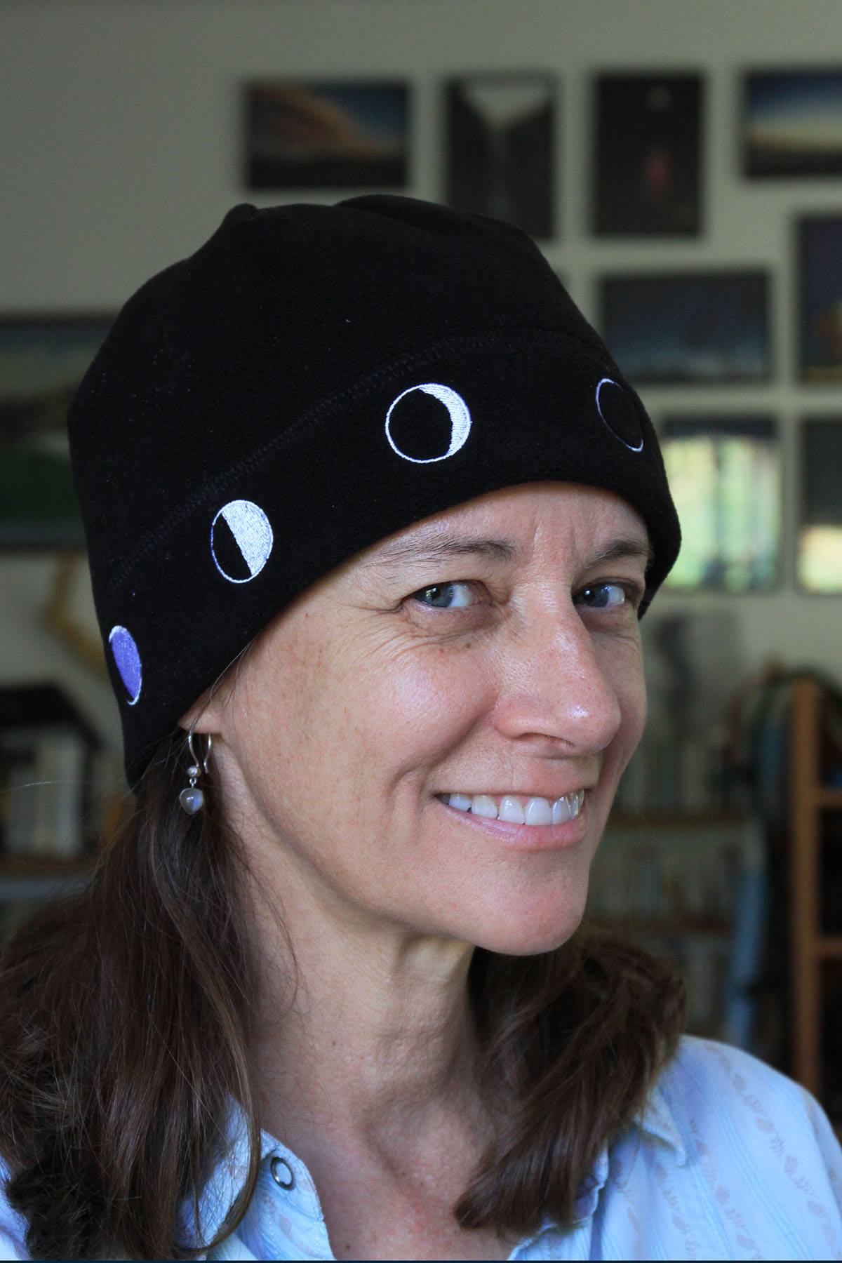 Julie models the Moon Hat