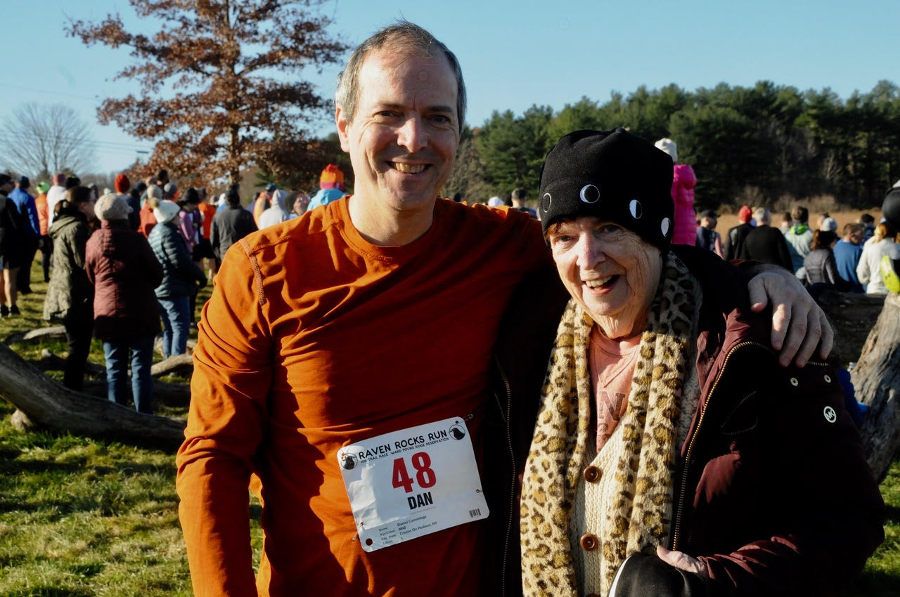 Daniel Cummings with mom wearing Moon Hat at Raven Rocks Run, Ward Pound Ridge Reservation