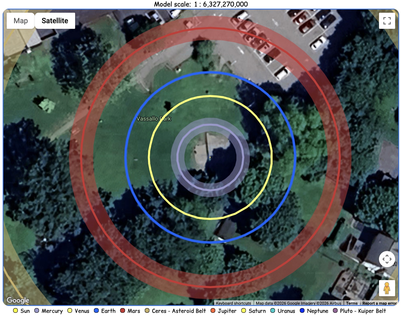 Orbit rings of Mercury, Venus, Earth, and Mars drawn over Vassallo Park