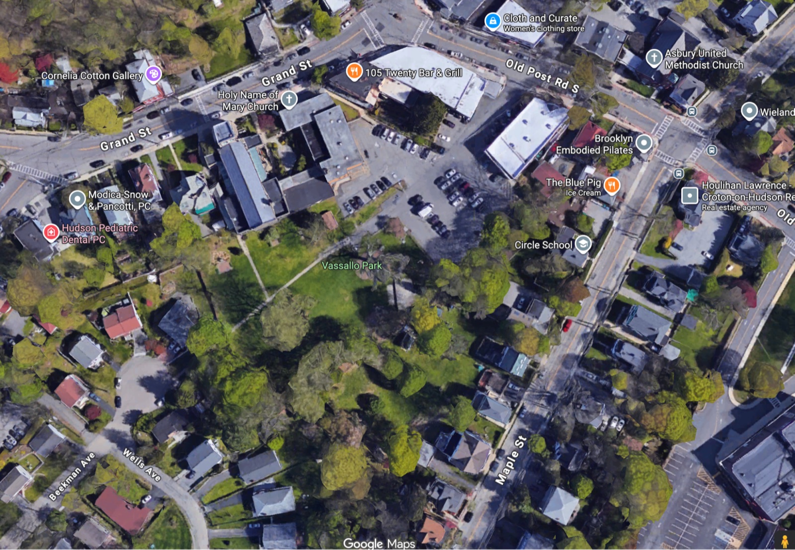 Aerial view of Vassallo Park and the surrounding village blocks of Croton-on-Hudson