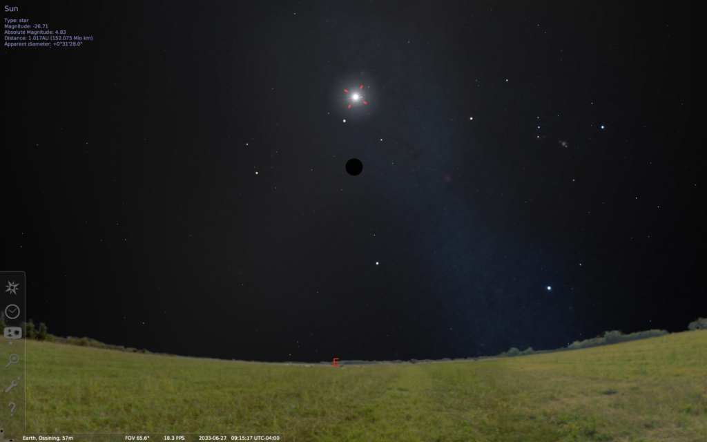 Stellarium showing the Sun locked into the viewport