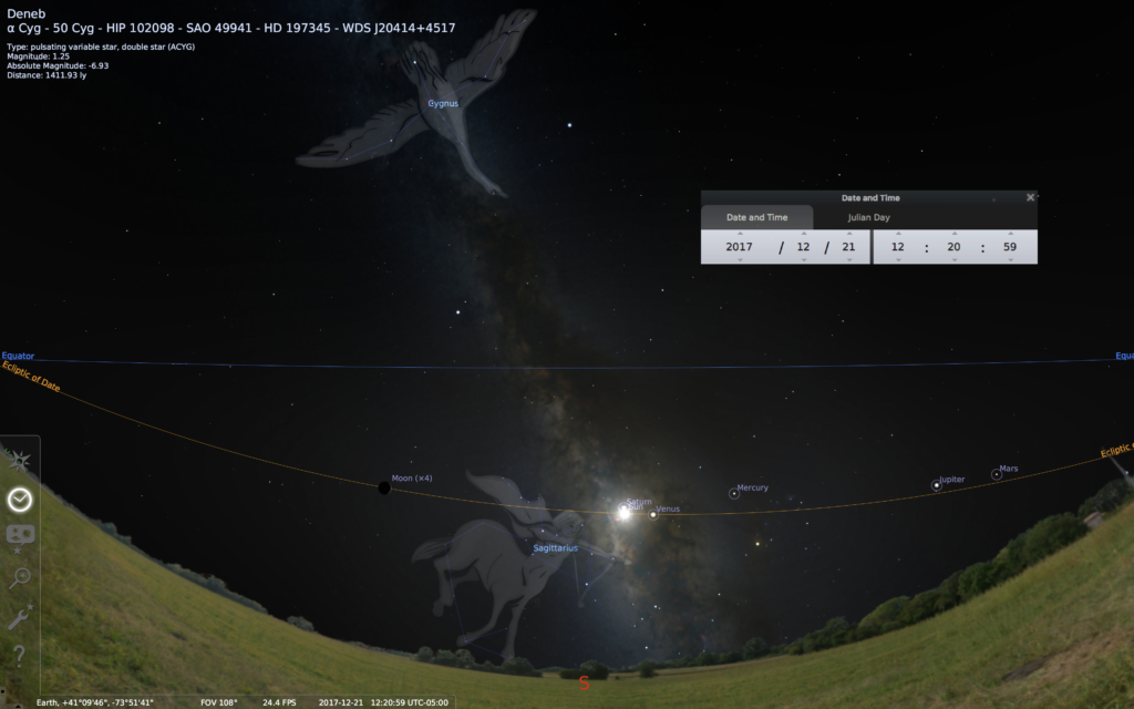 Stellarium screenshot showing the Galaxy Center and the Sun lined up at the Winter Solstice