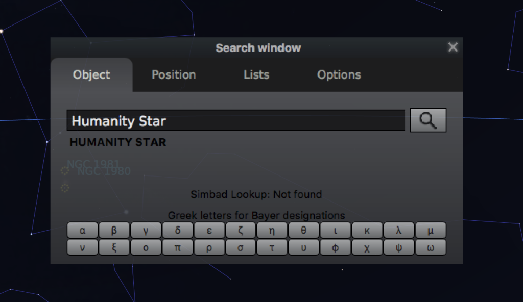 Stellarium search panel showing the Humanity Star as a findable object